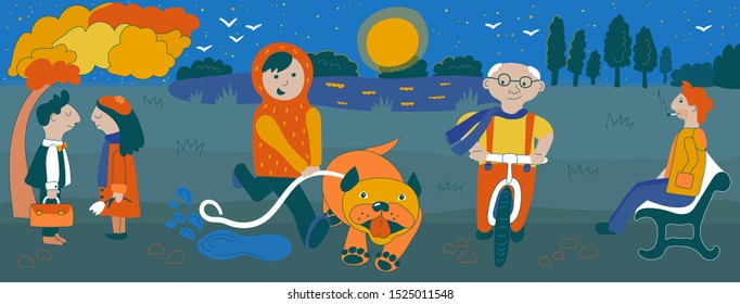 Hand drawn cartoon autumn set: pet and boy walking. Cute couple under maple tree. Old man riding bicycle. Boy sitting on bench, smoking. Orange, yellow blue, green colors. Park or forest, evening.