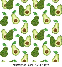 Hand drawn cartoon avocado seamless pattern. Whole avocado, sliced pieces, half, leaf and seed sketch. Tropical summer fruit engraved doodle style background. 