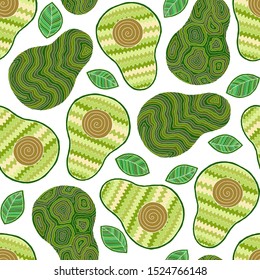 Hand drawn cartoon avocado seamless pattern. Whole avocado, sliced pieces, half, leaf and seed sketch. Tropical summer fruit engraved doodle style background. 