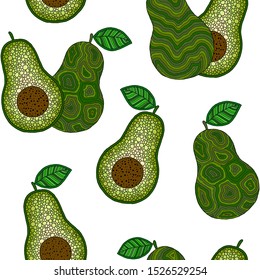 Hand drawn cartoon avocado seamless pattern. Whole avocado, sliced pieces, half, leaf and seed sketch. Tropical summer fruit engraved doodle style background. 