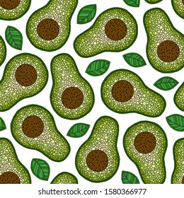 Hand drawn cartoon avocado seamless pattern.  Tropical summer fruit engraved doodle style background. Print, texture, healthy eating
