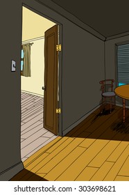 Hand drawn cartoon background of apartment interior with furniture