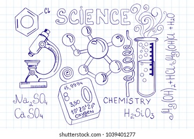 Hand drawn cartoon background of Science theme.  Chemical formula and outlines on notebook page. Vector doodle set. 