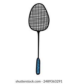 Hand drawn cartoon badminton racket isolated on white background. Vector illustration.