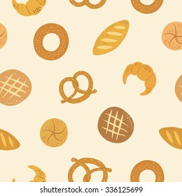 Hand drawn  cartoon bakery seamless background including baguette, croissant, muffin, bagel, donut. Food pattern for your design.
