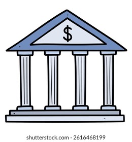 Hand drawn cartoon bank building isolated on white background. Vector illustration.
