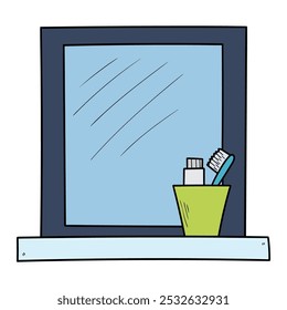 Hand drawn cartoon bathroom mirror with shelf with toothpaste and toothbrush isolated on white background. Vector illustration.