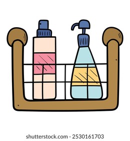 Hand drawn cartoon bathroom shelf with cosmetics isolated on white background. Vector illustration.