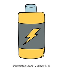 Hand drawn cartoon battery isolated on white background. Vector illustration.