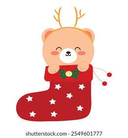 Hand drawn cartoon bear in nature christmas stocking. cute collection images for christmas stickers, icons