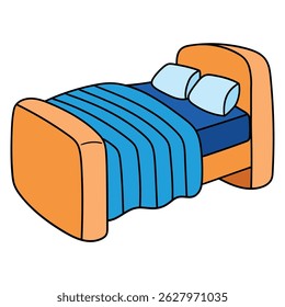 Hand drawn cartoon bed with blanket and pillows isolated on white background. Vector illustration.