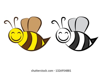 Hand drawn cartoon bee in different colors. Isolated comic bee