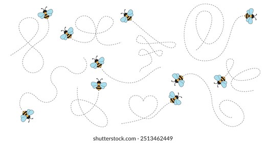 Handgezeichnete Cartoon Bee Flying auf einer gepunkteten Route. Vektorgrafik einzeln auf Hintergrund.