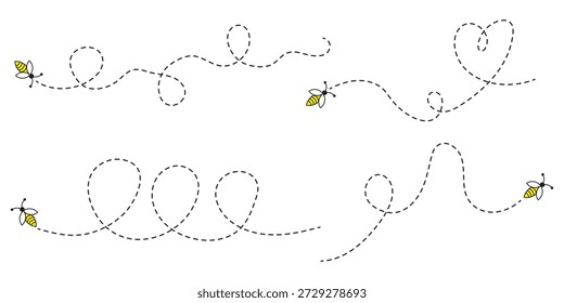 Hand Drawn Cartoon Bee Flying on a Dotted Route. Vector illustration isolated on background.