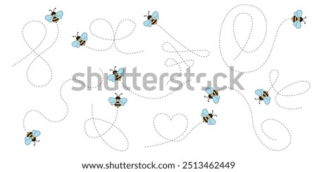 Hand Drawn Cartoon Bee Flying on a Dotted Route. Vector illustration isolated on background.