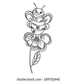 Hand drawn cartoon bee standing on flower. Vector illustration. 