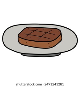 Hand drawn cartoon beef steak on plate isolated on white background. Vector illustration.