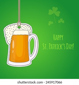 Hand drawn cartoon beer mug card on the rope - decorative design element