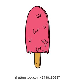 Hand drawn cartoon berry ice cream on a stick isolated on white background. Vector illustration.