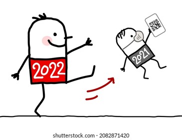 Caricatura dibujada a mano Gran hombre 2022 expulsando un pequeño 2020 con máscara y código QR