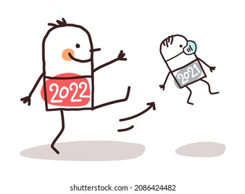 Hand drawn Cartoon Big 2022 Man Kicking Out a Small 2021 with Mask