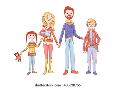 Hand drawn cartoon big family, each member and toy bear are separate. Fun smiling mother, father, daughter, son, infant and bear. Dad, mom and kids - perfect happy family. Parents with their children.