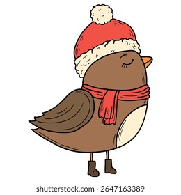 Hand drawn cartoon bird in santa claus hat and scarf isolated on white background. New year and christmas concept. Vector illustration.