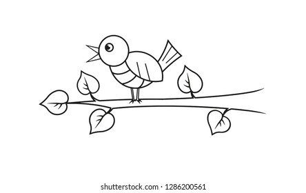 Hand drawn cartoon bird sitting on branch isolated on white background. Vector icon in line art style for coloring book.