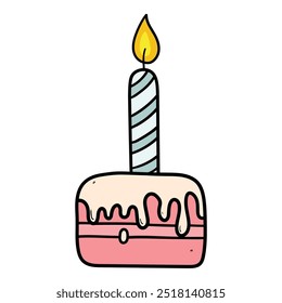 Hand drawn cartoon birthday cake with candle isolated on white background. 1 year. Vector illustration.
