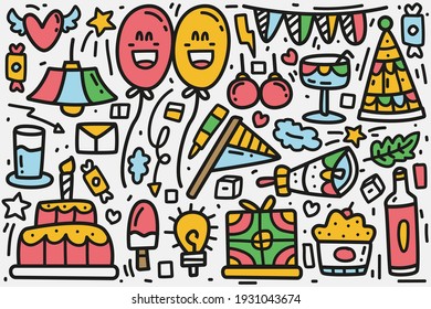 hand drawn cartoon birthday doodle design for wallpaper, stickers, coloring books, pins, emblems, logos and more