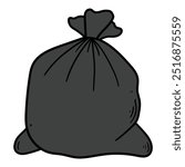 Hand drawn cartoon black full garbage bag isolated on white background. Vector illustration.