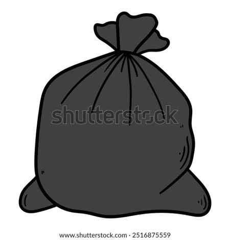 Hand drawn cartoon black full garbage bag isolated on white background. Vector illustration.