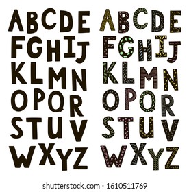 Hand drawn cartoon black letters of Athens (Latin) alphabet. Cute kids style typography design vector font. Capital black letters with different colorful patterns isolated on a white background.