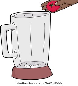 Hand drawn cartoon blender with hand holding tomato