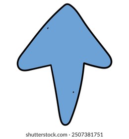 Hand drawn cartoon blue arrow pointing up isolated on a white background. Vector illustration.
