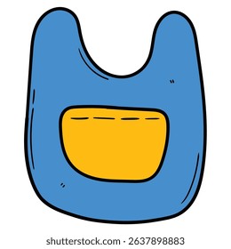 Hand drawn cartoon blue baby bib isolated on white background. Vector illustration.