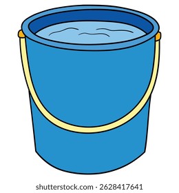 Balde azul desenho desenhado à mão com água isolada no fundo branco. Ilustração vetorial.