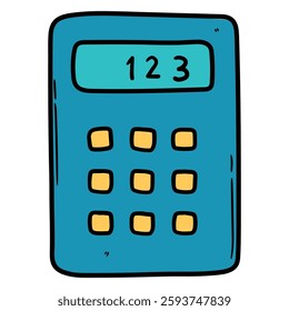 Hand drawn cartoon blue calculator isolated on white background. Vector illustration.