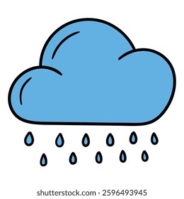 Hand drawn cartoon blue cloud and rain isolated on white background. Vector illustration.