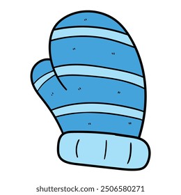 Hand drawn cartoon blue cute mitten isolated on white background. Vector illustration.