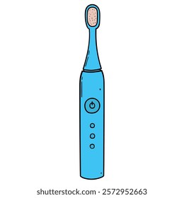 Hand drawn cartoon blue electric toothbrush isolated on white background. Vector illustration.