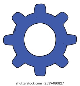 Hand drawn cartoon blue gear isolated on a white background. Vector illustration.