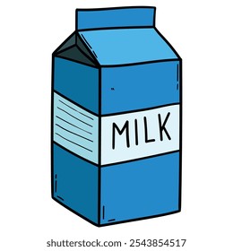 Hand drawn cartoon blue milk carton box isolated on white background. Vector illustration.