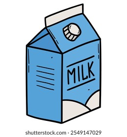 Hand drawn cartoon blue milk carton isolated on white background. Vector illustration.