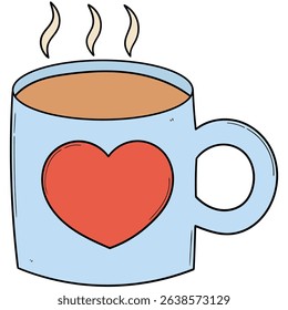 Hand drawn cartoon blue mug of coffee with red heart isolated on white background. Vector illustration.