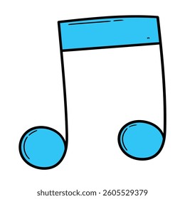 Hand drawn cartoon blue musical note isolated on white background. Vector illustration.