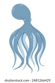 Hand drawn cartoon blue octopus. Vector illustration of sea animal in doodle style. Suitable for decoration, sticker design