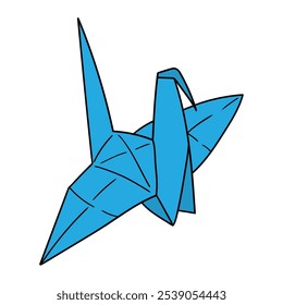 Hand drawn cartoon blue origami bird isolated on white background. Vector illustration.