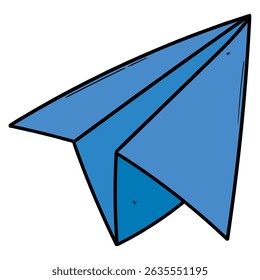 Hand drawn cartoon blue paper airplane isolated on white background. Vector illustration.