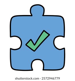 Hand drawn cartoon blue puzzle piece with green check mark icon isolated on white background. Vector illustration.